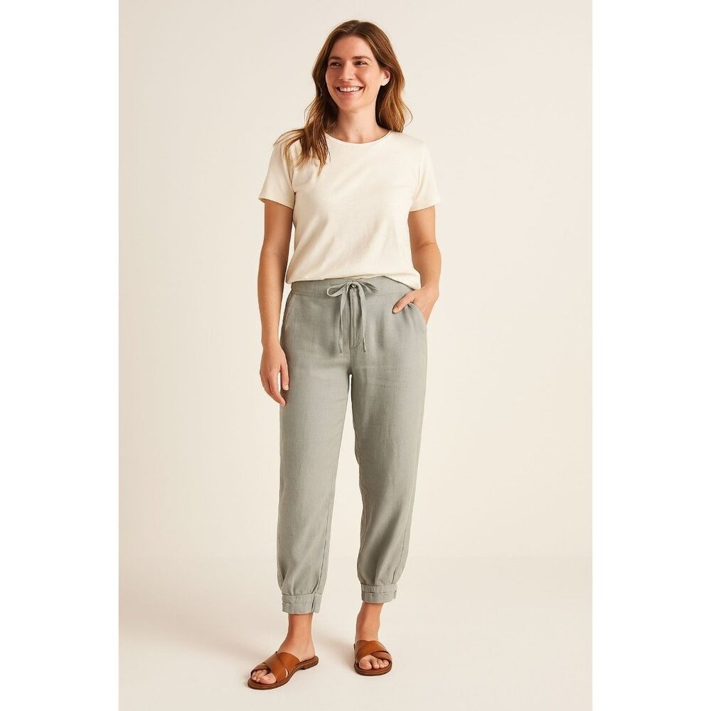 Boden Linen Pants Womens 6L Gray Relaxed Fit Wide Leg Drawstring Summer Resort